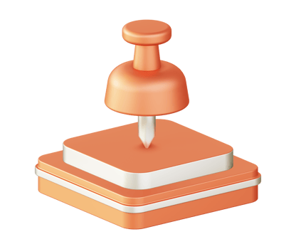 3d illustration icon design of metallic orange push pin with square podium png