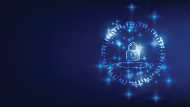 digital padlock with virtual screen on dark background with copy space. cyber security technology for fraud prevention and privacy data network protection concept vector