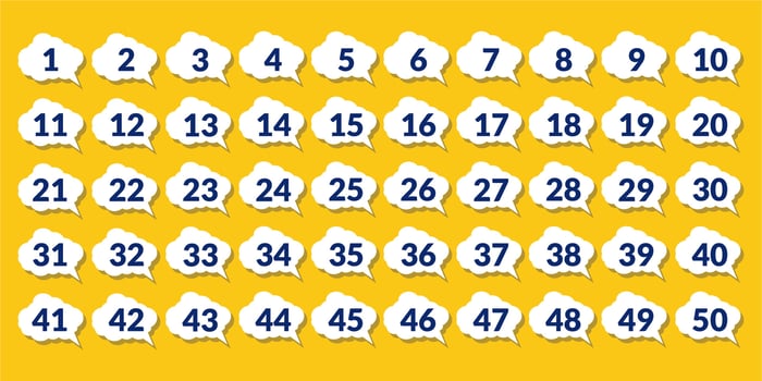 numbers one through fifty with colorful bubbles vector