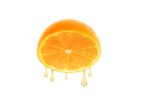 drops of juice falling from orange half, transparent background png