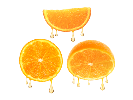 drops of juice falling from orange half, transparent background png