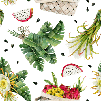 Pitaya dragon fruits harvest in basket, flowers and slices with tropical leaves bouquet seamless pattern. Hand drawn illustration for summer menus, fabrics, exotic designs png