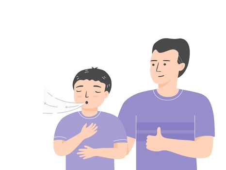 Relaxed kid breathing exercise with his dad. flat vector illustration.