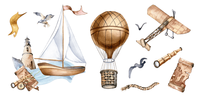 Set of sailing ship, hot air balloon, adventure items watercolor illustration. Spyglass, airplane, ancient map hand drawn. Childish design, element for boy's room, print, postcard. png
