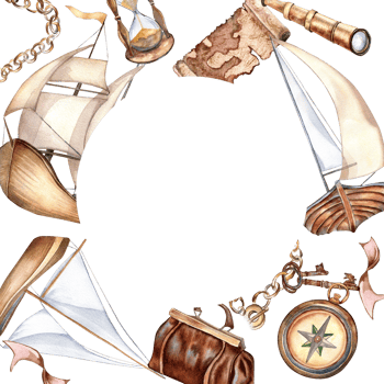 Frame of adventure items, ship watercolor illustration. Compass, spyglass, sailboat, handle bag. rope, chain hand drawn. Childish design, boy postcard vintage style, invitation. png