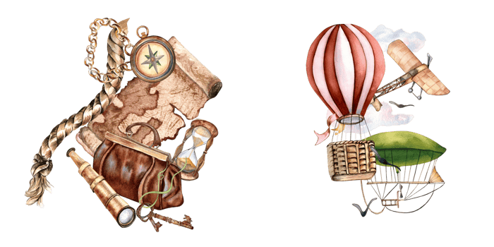 Composition of adventure items, hot air balloon watercolor illustration. Compass, spyglass, map, handbag, aircraft hand drawn. Childish design, print for boy's, vintage postcard. png