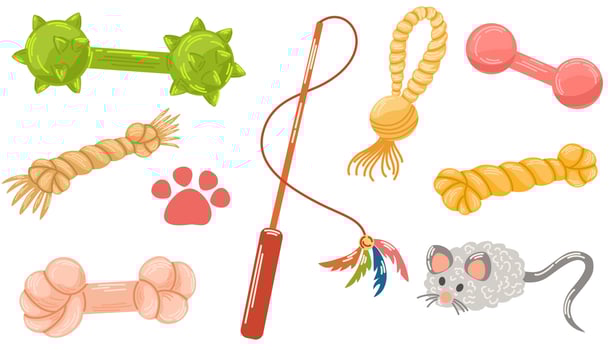 Cat dog toys. Animal toys set. Pet shop assortment, animals accessories. Flat vector illustration isolated on white background