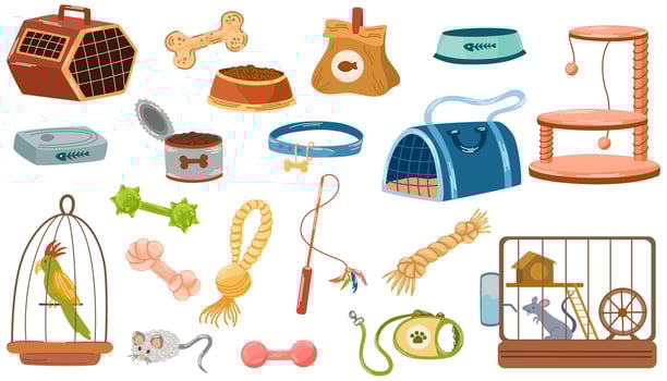 Pet shop assortment, animal accessories. Set of store supply items for domestic pets, beds, animal food, toys, transportation, rat cage, collars and feed. Vector hand draw illustration.