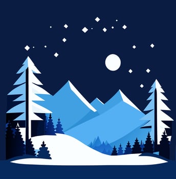 Winter Mountain Forest Landscape Background, Pine Snow Trees Woods Flat Vector Illustration