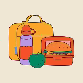 School lunch box, container. Various food. Hand drawn Vector illustration. Isolated elements, design templates. Healthy food concept