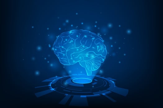 Vector futuristic hologram brain with medical healthcare graphic of MRI scan interface.