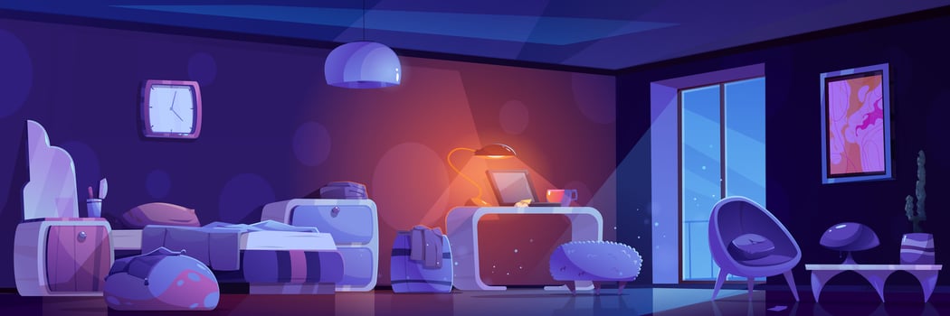 Cartoon groovy bedroom at night vector