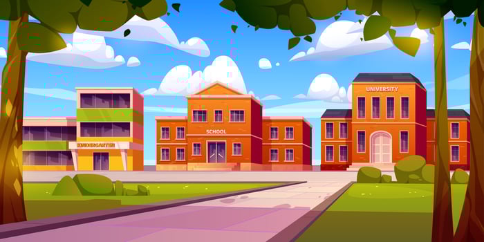 Cartoon school, kindergarten, university buildings vector