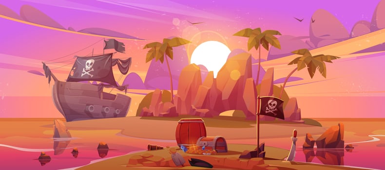 Pirate ship near island with treasure on sunset vector