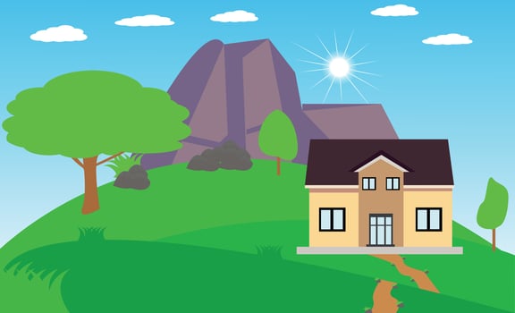 Vector landscape background with mountain village houses