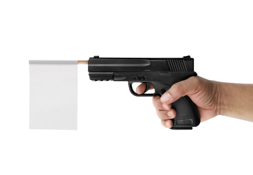 Hand holding gun with paper flag on, transparent background png