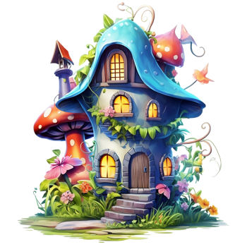 Illustration of a fairy-tale house on a tree with a lot of flowers png