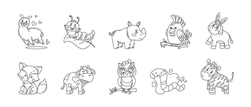 Animals Cute Funny Set of Drawings Vector black and white illustration Isolated on a white background