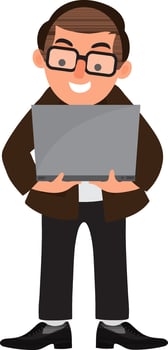 Character of businessman holding laptop. vector
