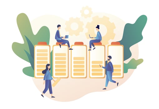 Battery charge. Tiny Users, battery performance and long life battery. Various state of battery charging. Modern flat cartoon style. Vector illustration on white background