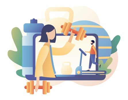 Fitness blog and Workout app concept. Online coach. Tiny people are sport training. Active lifestyle and fitness training. Modern flat cartoon style. Vector illustration on white background