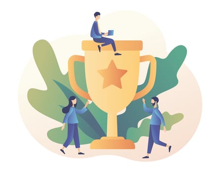 Business Team Success, Achievement Concept. Tiny People with Prize, Cup. Modern flat cartoon style. Vector illustration on white background