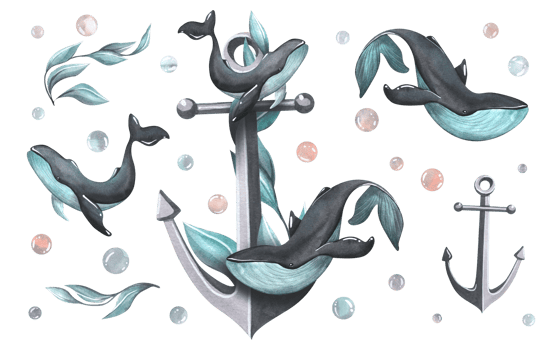 A black metallic sea anchor with turquoise algae and whales. Watercolor illustration. A set objects from the collection of WHALES. For decoration and design. png