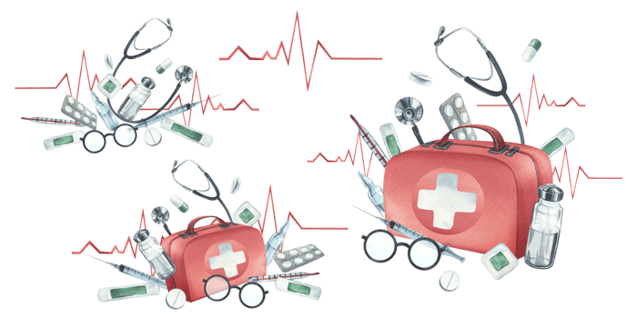 Red medical case, first aid kit with stethoscope, injections, plaster, pills and glasses. Watercolor illustration, hand drawn. A set compositions isolated png