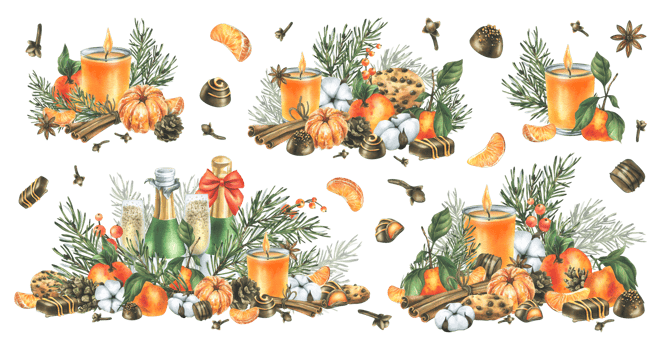 Christmas decor with tangerines, champagne. sweets and pine branches. Watercolor illustration, hand drawn for congratulations and holiday.. A set isolated compositions png