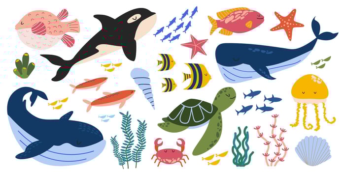 Large vector set of sea animals, fish, turtles, whales, jellyfish, algae, shells. Ocean animals, underwater world. Marine life. Vector collection of ocean inhabitants in flat style.