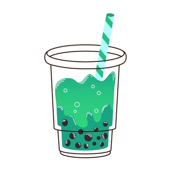 Cup of green bubble milk tea with stick and tapioca in flat style isolated on white background. For print, design, poster vector