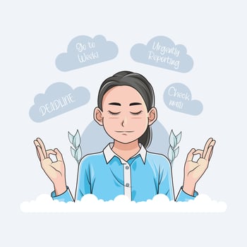 Mental and physical wellness. Calm relaxing female office worker feels relieved and stress free meditation pro download vector