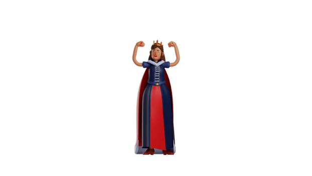 3D illustration. Strong Princess 3D cartoon character. The royal princess showed her two muscular arms. Beautiful princess smiles sweetly and shows her happy expression. 3D cartoon character png
