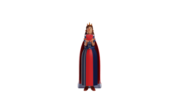 3D illustration. Cute Princess 3D cartoon character. Young queen shows the symbol of the heart she carries in her hands. The queen smiled beautifully while closing her eyes. 3D cartoon character png