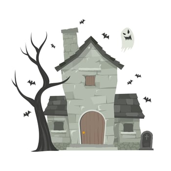 Creepy Haunted House or castle mansion Abandoned home with ghost and bat for halloween concept illustration vector
