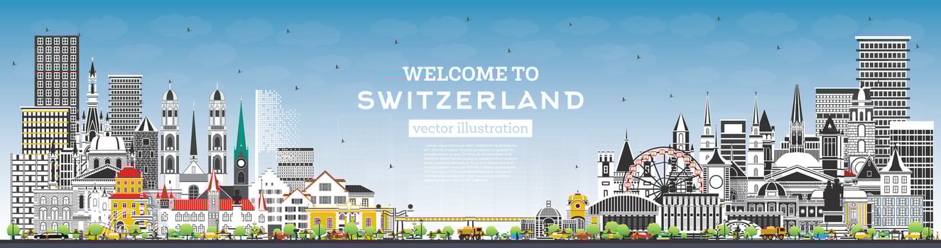 Welcome to Switzerland. City Skyline with Gray Buildings and Blue Sky. Switzerland Cityscape with Landmarks. vector