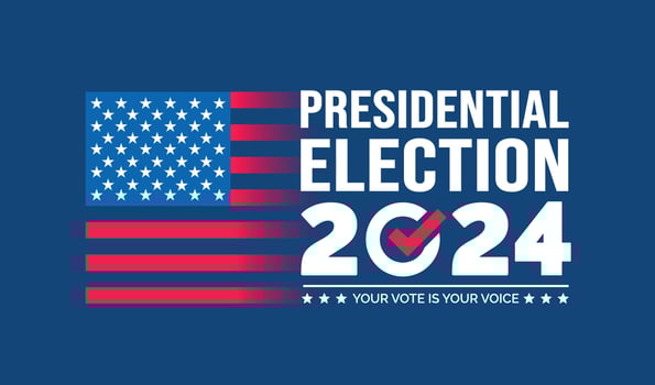 USA 2024 Presidential Elections Event Banner, background, card, poster design. Presidential Elections 2024 Banner with American colors design and typography. Vote day, November 5. US Election. vector