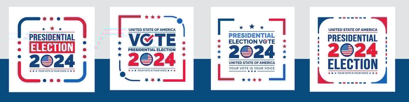 USA 2024 Presidential Elections Event social media post Banner, background, card, poster design set with American colors design and typography. Vote day, November 5. US Election. vector