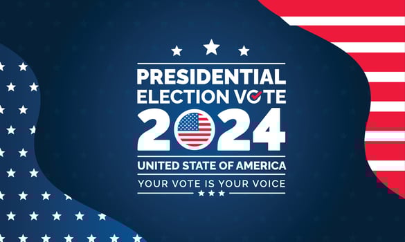 USA 2024 Presidential Elections Event Banner, background, card, poster design. Presidential Elections 2024 Banner with American colors design and typography. Vote day, November 5. US Election. vector