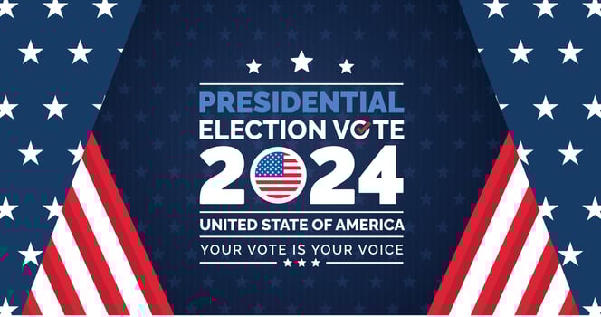 USA 2024 Presidential Elections Event Banner, background, card, poster design. Presidential Elections 2024 Banner with American colors design and typography. Vote day, November 5. US Election. vector