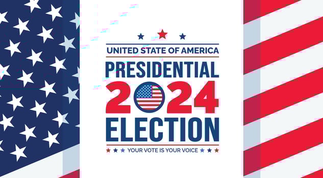 USA 2024 Presidential Elections Event Banner, background, card, poster design. Presidential Elections 2024 Banner with American colors design and typography. Vote day, November 5. US Election. vector