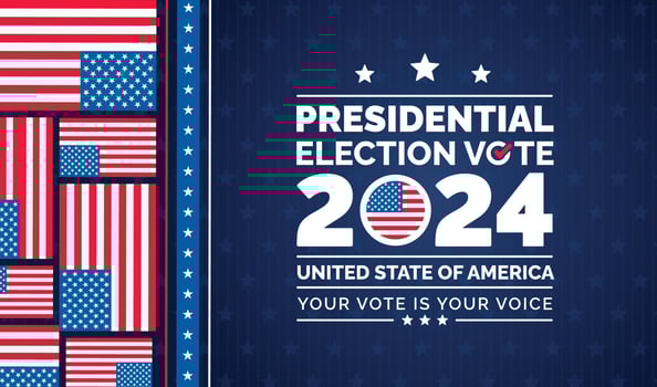 USA 2024 Presidential Elections Event Banner, background, card, poster design. Presidential Elections 2024 Banner with American colors design and typography. Vote day, November 5. US Election. vector