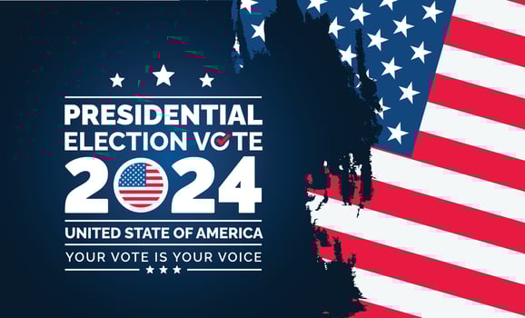 USA 2024 Presidential Elections Event Banner, background, card, poster design. Presidential Elections 2024 Banner with American colors design and typography. Vote day, November 5. US Election. vector