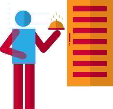 Character of waiter holding serving tray in front of door. vector