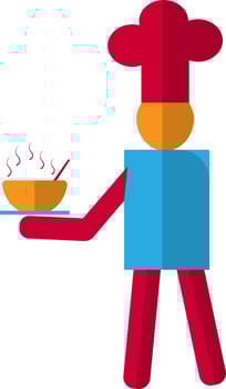 Character of chef wearing red hat and holding hot bowl with spoon. vector