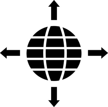 Black and white globe with arrows. Glyph icon or symbol. vector