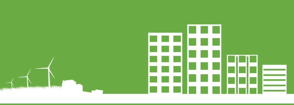 White building and windmill on green background. vector