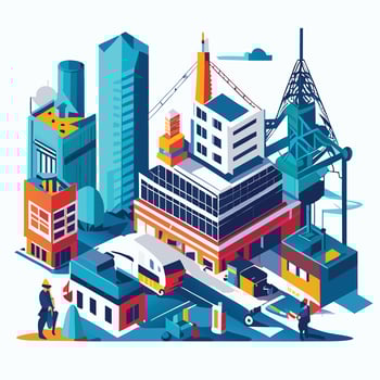 Work process of buildings construction and machinery. Flat vector concept development structure with equipment