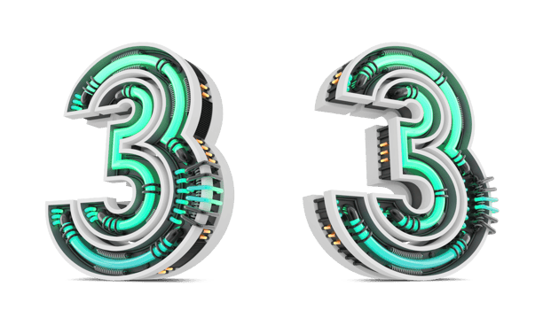 3D Number with green neon light effect, 3d rendering png
