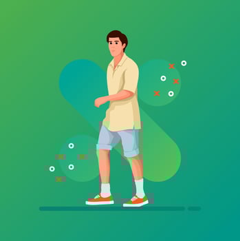 Street fashion vector flat design illustration. Street style outfit standing and walking. Cartoon male character isolated on gradations background.